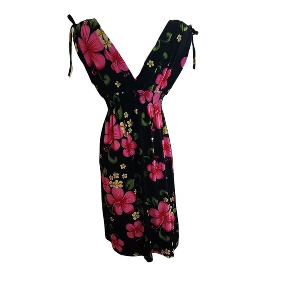 Aloha Hawaiian Fashion Dress One Size Black Pink Floral Tropical Vacation V Neck - Picture 3 of 7